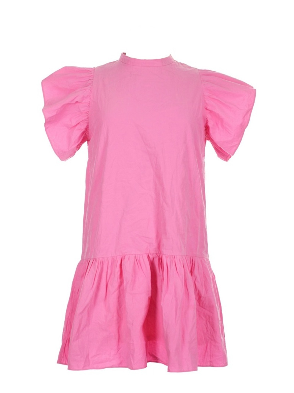 TCEC Pink Puff Sleeve Popover Dress 100% Cotton Mock Neck Short Sleeve Mini